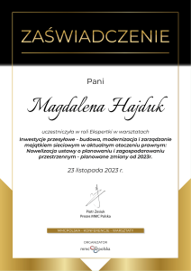 Certyfikat Inwestycje Przesyłowe Magdalena Hajduk Radca Prawny