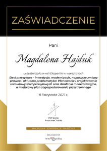 Certyfikat Sieci Przesyłowe Magdalena Hajduk Radca Prawny