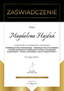 Certyfikat Przebieg Procesu Budowlanego Magdalena Hajduk Radca Prawny