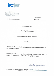 Certyfikat Budowa Sieci i Przyłączy Ciepłowniczych Magdalena Hajduk Radca Prawny