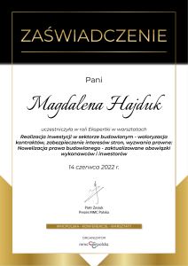 Certyfikat Realizacja Inwestycji Magdalena Hajduk Radca Prawny