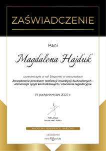 Certyfikat Zarządzanie Procesem Realizacji Inwestycji Magdalena Hajduk Radca Prawny