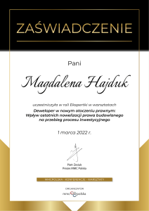 Certyfikat Deweloper w otoczeniu prawnym Magdalena Hajduk Radca Prawny