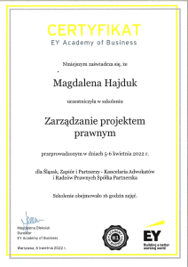 Certyfikat Zarządzanie Projektem Prawnym Magdalena Hajduk Radca Prawny