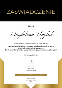 Certyfikat Inwestycje Budowlane Magdalena Hajduk Radca Prawny